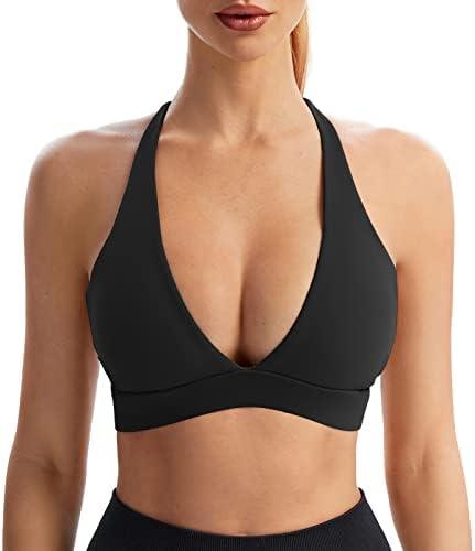 INIBUD Sports Bra for Women Push Up Strappy Workout Top Padded Deep V-Neck Triangle Bralettes with Support Gym, Large 