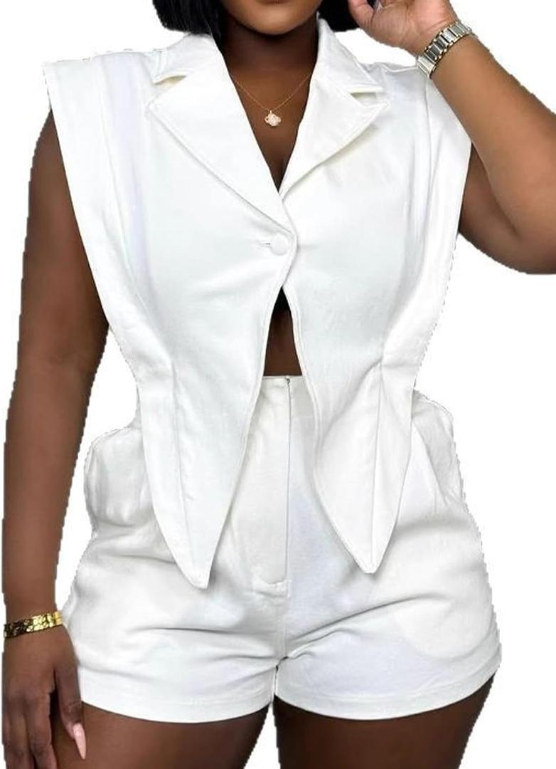 Molisry Women's Sleeveless Rompers Dressy Irregular Lapel Neck Blazer Vest Elasitc Waist Shorts Jumpsuit Casual 2025, White, 3X-Large