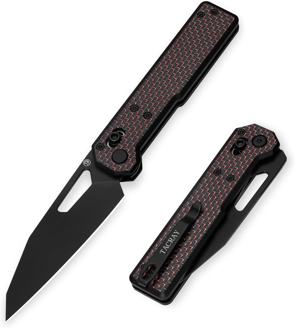 TACRAY Tarcus Folding Pocket Knife, 3.5" D2 Steel DLC Blade Carbon Fiber Overlay Handle, Lightweight EDC Knife with Crossbar Lock for Men and Women, Ideal for Camping, Hiking, and Survival