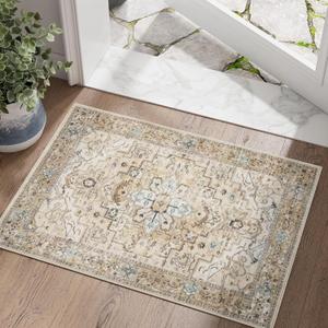 Jinchan Area Rug 2x3 Vintage Entryway Rug Washable Boho Indoor Doormat Floral Small Non Slip Retro Accent Soft Mat Tribal Distressed Carpet for Kitchen Bathroom Bedroom Taupe