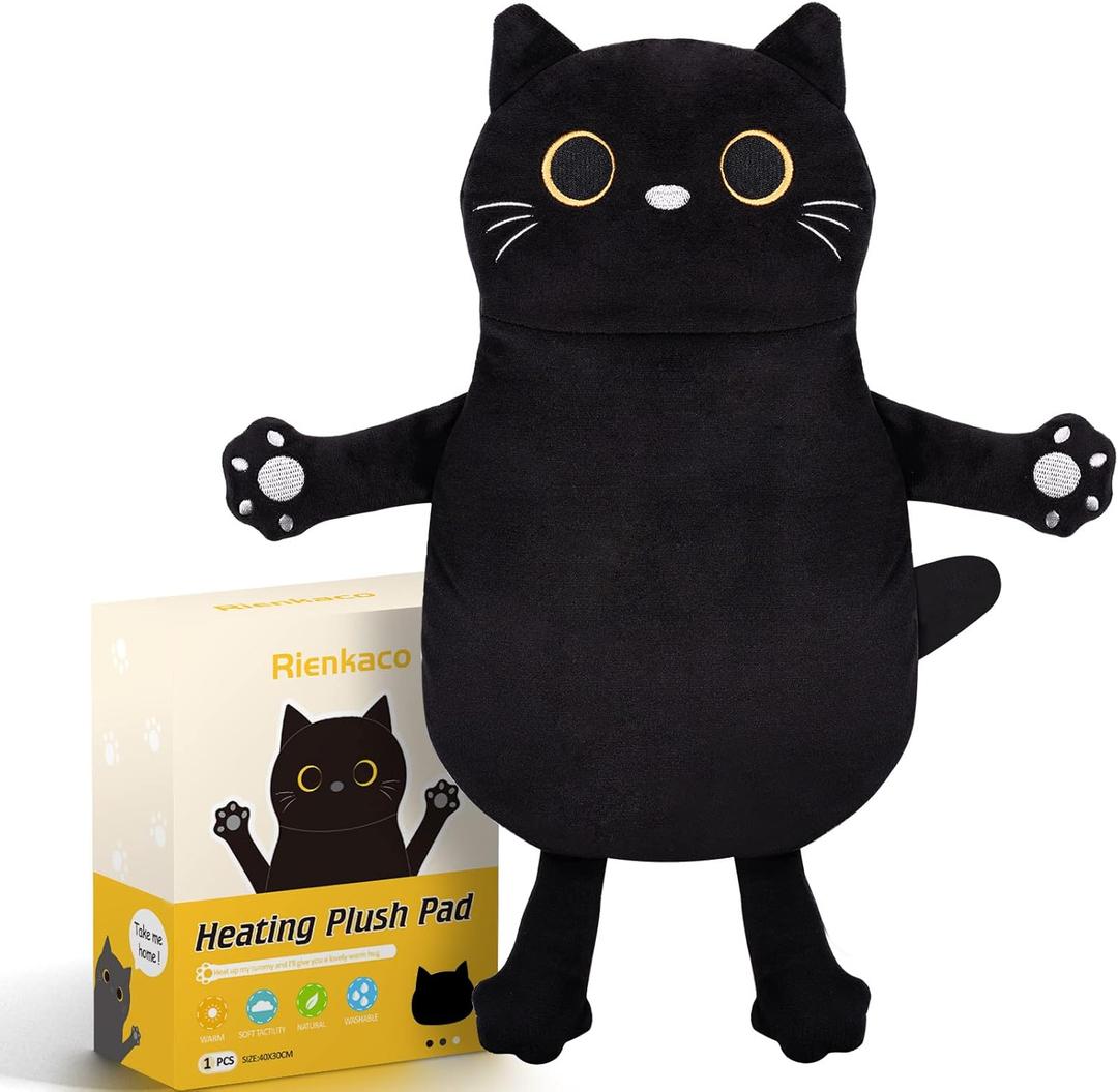 Microwave Heating Pad for Cramps Pain Relief, 16 * 12'' Moist Microwavable Period Menstrual Heating Pads for Cramps, Back, Neck Shoulder and Knee, Cute Stuffed Animal Heating Pad - Black Cat