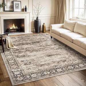 Gray Brown 5x7 Area Rugs for Living Room Washable Low Pile Soft Faux Fur Vintage Boho Carpet Rug Non Slip Sound Absorbing Geometric Floral Rug for Bedroom Office Patio Dining Room Kids Room,Hazel : Home & Kitchen