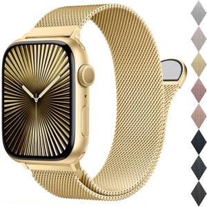 BELONGME Mesh Metal Loop Compatible with Apple Watch Band 40mm 41mm 38mm 42mm Series SE 10 9 8 7 6 5 4 3 2 1 Women Men, Stainless Steel Strap with Magnetic Clasp for iWatch Bands (Golden)