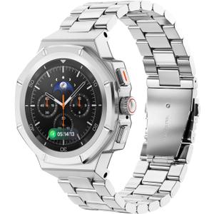 Case with Band for Samsung Galaxy Watch 8 Classic 46mm, Luxury Metal Face Cover with Tactical Stainless Steel Strap Military Protection for Men, Silver