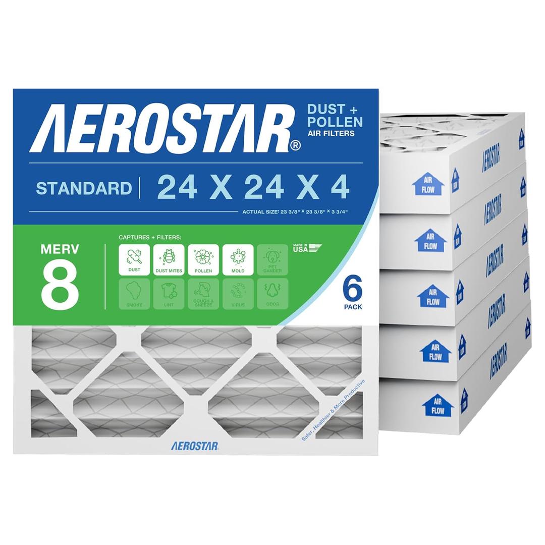 Aerostar 24x24x4 MERV 8 - 6 Count - High Efficiency Pleated HVAC, Furnace & Air Conditioner Filters - Removes Dust, Lint, Mold & Allergy-Causing Pollen