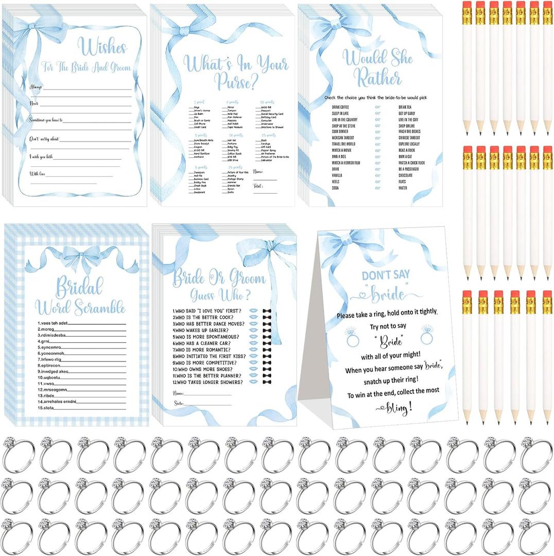 Estune 331 Pcs Bridal Shower Games Supplies, 5 Sets 250 Pcs Wedding Cards 1 Bridal Shower Games with 60 Rings and 20 Pencils (Blue Bow)
