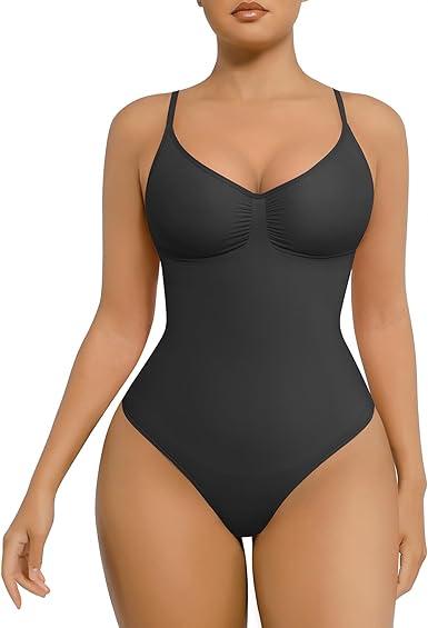 FeelinGirl Shapewear Bodysuit for Women Tummy Control Seamless Sculpting Snatched Waist Body Suit Body Shaper Thong (XL/XXL, Black)