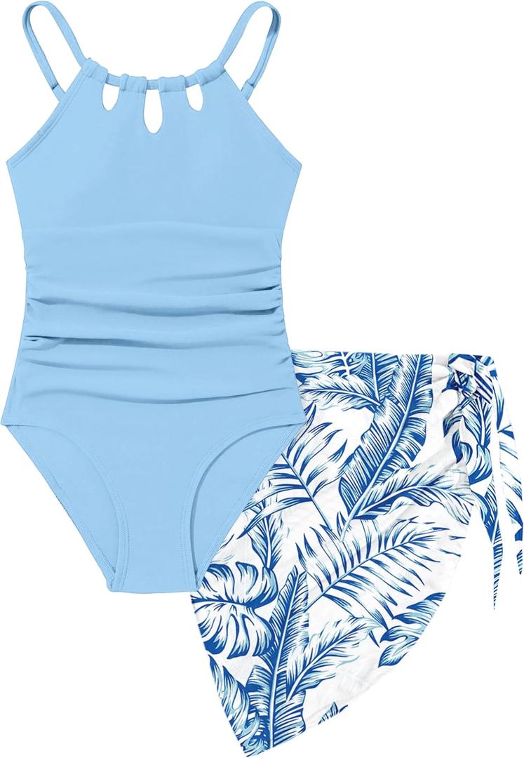 KANGKANG Girls Swimsuit Quick Dry Cut Out One Piece Swimsuits with Tropical Print Cover Up Skirt Bathing Suit Swimwear 7-18Y (12-14 Years, Dark Blue-2)