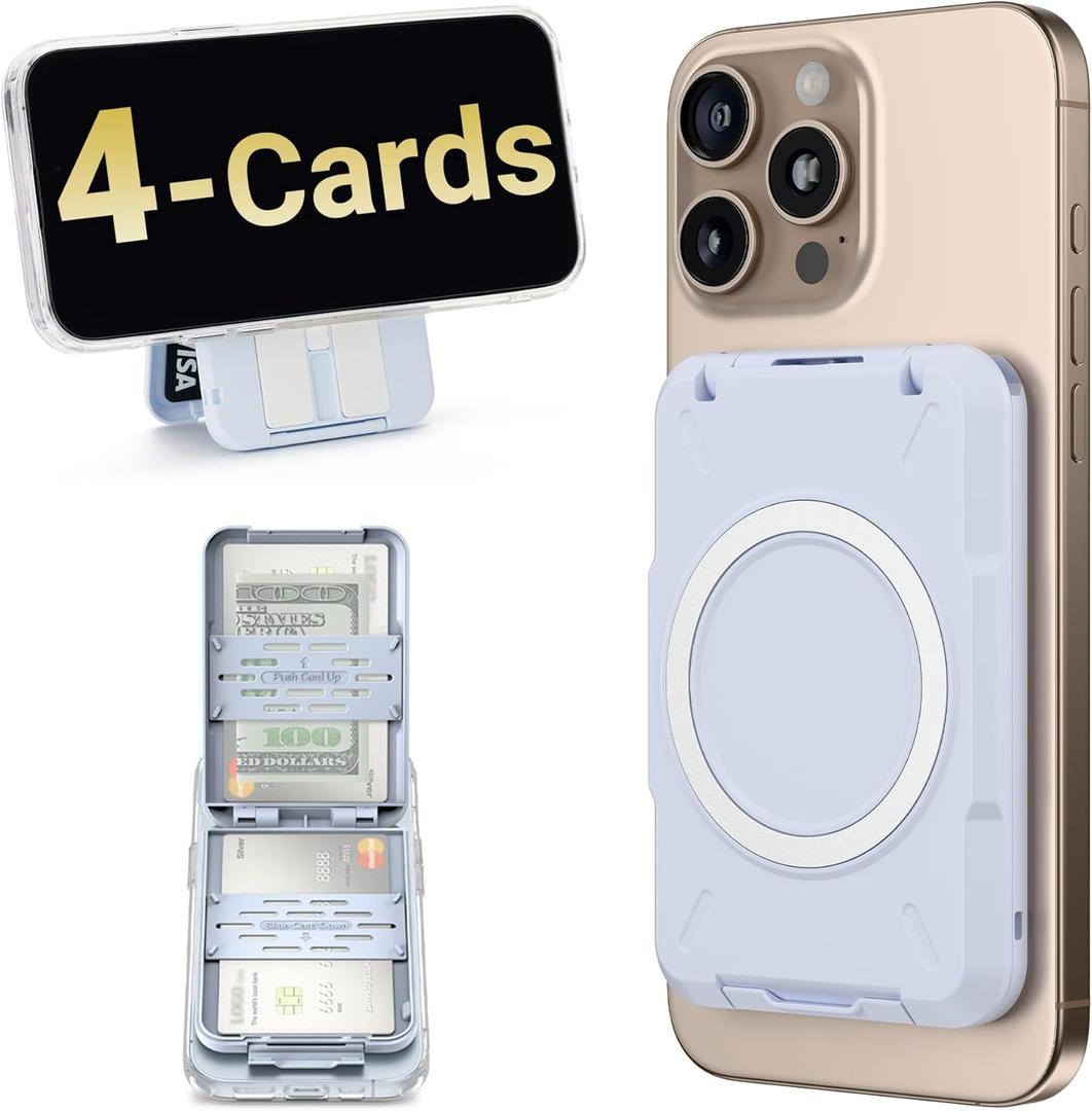 PROfezzion Double Sided Magnetic Phone Wallet, RFID Blocking Snap-on Hard Shell Card Holder 4-Cards Designed for MagSafe Compatible with iPhone 16 15 14 13 12 Pro Max Plus & MagSafe Case (0.5" Thick) (Blue)