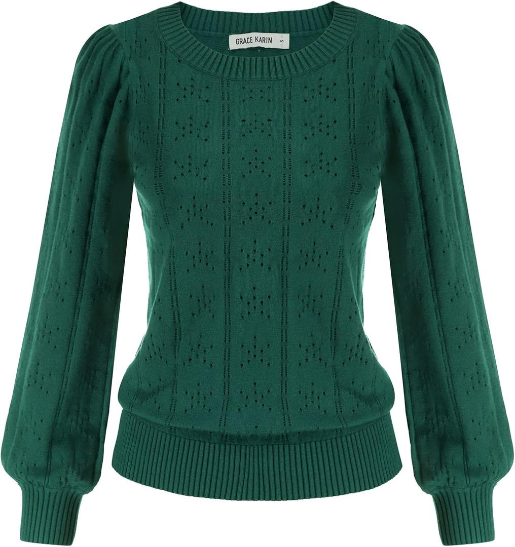 GRACE KARIN Women's Long Lantern Sleeve Crew Neck Crochet Top Hollow Out Fall Pullover Sweater, M