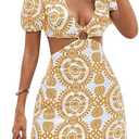 Summer Dresses for Women 2025 Vacation,Sexy Bodycon Cut Out Short Puff Sleeve Tie Back Dress for Women (XL, Orange)