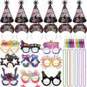 HOWAF 2026 New Year Eve Party Supplies, Happy New Year Tiaras Headband, 2026 New Year Glasses Top Hats Fringed Noisemaker and Necklace, Black and Colorful New Year's Eve Party Favors