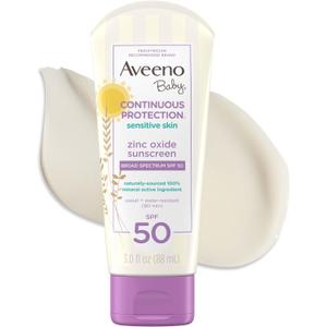 Aveeno Baby Continuous Protection Zinc Oxide Mineral Sunscreen Lotion for Sensitive Skin, Broad Spectrum SPF 50, Tear-Free, Sweat- & Water-Resistant, Paraben-Free, Travel-Size, 3 fl. oz