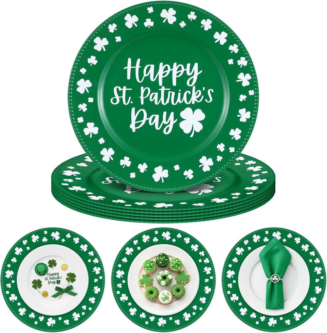 Yungyan 6 Pcs St Patricks Day Plastic Charger Plates 13 Inch St Patricks Day Round Resuable Charger Plates Large Shamrock Plate for Holiday Party Decorations Dinner Tableware Supplies