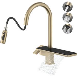 MBILLION Waterfall Kitchen Faucet with Pull-Down Magnetic Sprayer Brushed Gold, Stainless Steel, 4 Functions, Single-Hole Mount, Built-in Shelf, 360 Rotation Farmhouse Commercial RV Bar Sink Faucet