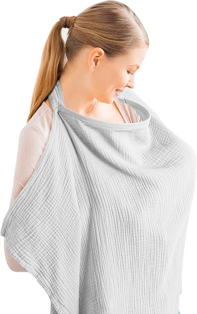 Konssy Muslin Nursing Cover for Baby Breastfeeding, Breathable 100% Cotton Breastfeeding Cover with Rigid Hoop for Mother Nursing Apron, Multi-use Carseat Canopy (Grey)
