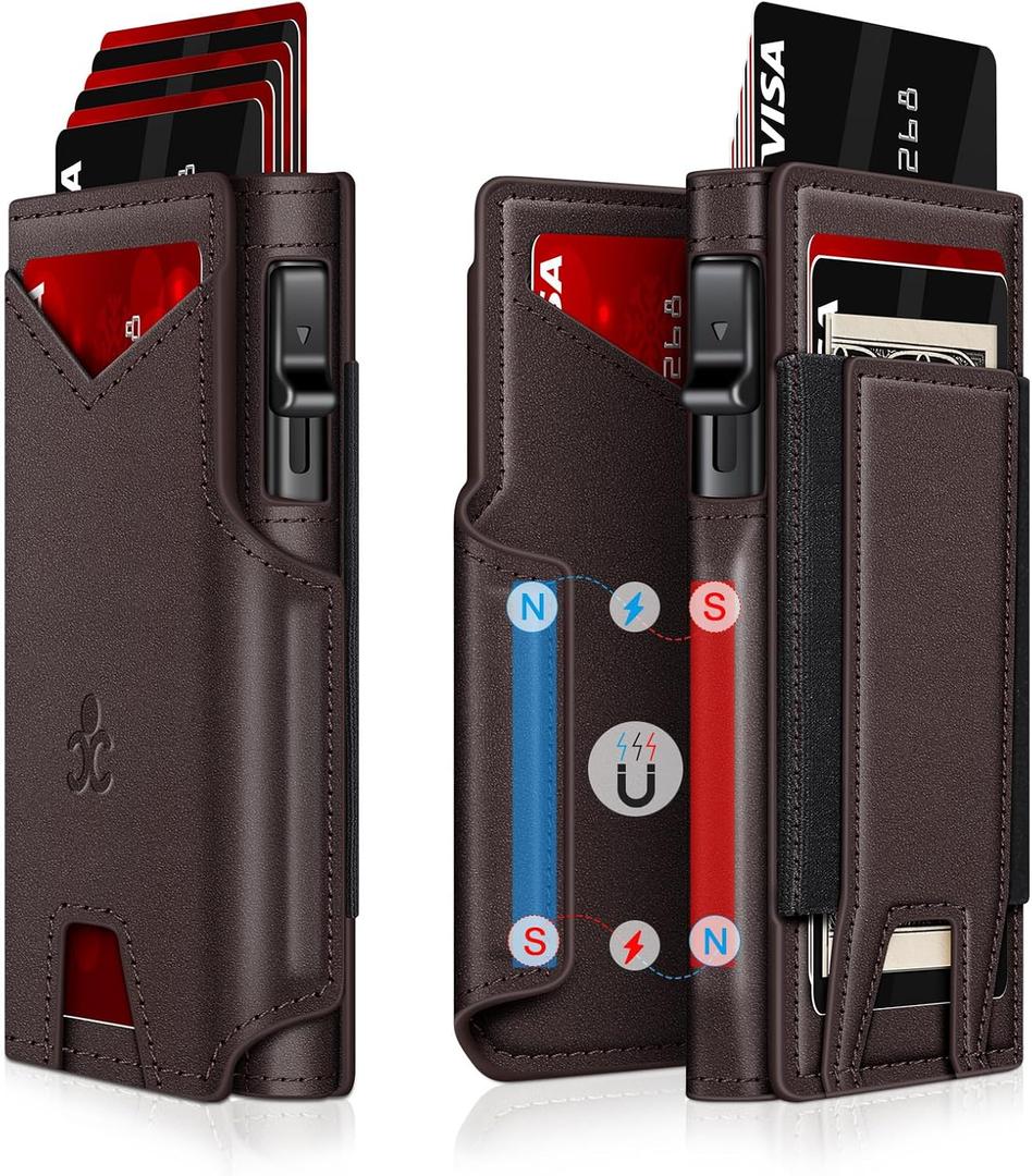 Wallet for Men Wallet with Slim Pop Up Card Holder 9-13 Cards, Bifold Minimalist Smart Wallet RFID Blocking Credit Card Holder with ID Window & Stretchable Cash Slot (Purple Brown)