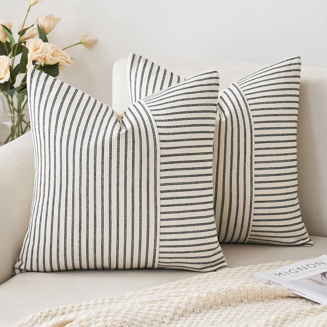 MIULEE Black and Beige Patchwork Farmhouse Pillow Covers 16x16 Inch, Pack of 2 Striped Linen Decorative Modern Accent Pillow Cases for Sofa Couch Bedroom