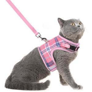 PUPTECK Soft Mesh Cat Vest Harness and Leash Set Puppy Padded Pet Harnesses Escape Proof for Cats Small Dogs Rabbits Bunny, Plaid Pink, L (L(NECK 8.5"-10.5", CHEST 12.5"-15", 6-10 Lbs))