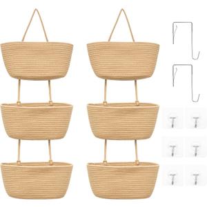 3-Tier Over the Door Hanging Basket (Set of 2) Adjustable, Detachable Woven Storage Baskets with Wall and Door Hooks - Decorative Boho Organizer for Nursery, Playroom, Bedroom, Kitchen, Apartment