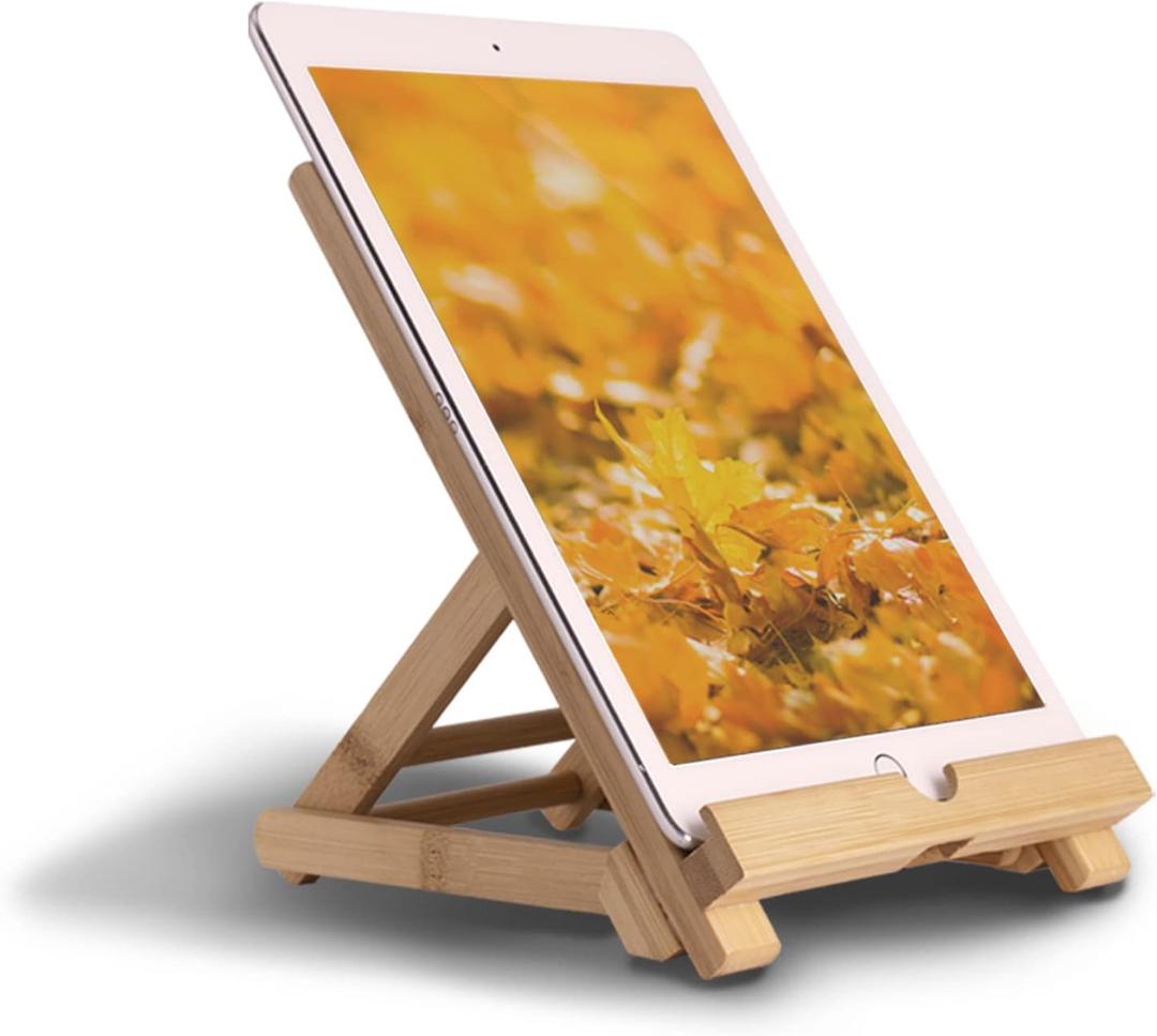 Bamboo Tablet Stand Holder - Adjustable Folding Wood iPad Stand With Chargeable Hole for Desk and Cooking (Tablet A)