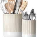 LE TAUCI Utensil Holder for Kitchen Counter, 7.3"+5.4" Fluted Ceramic Utensil Crock Organizer for Countertop, Heavy Large Holder for Spatulas, Spoons, Set of 2, Warm White Glaze