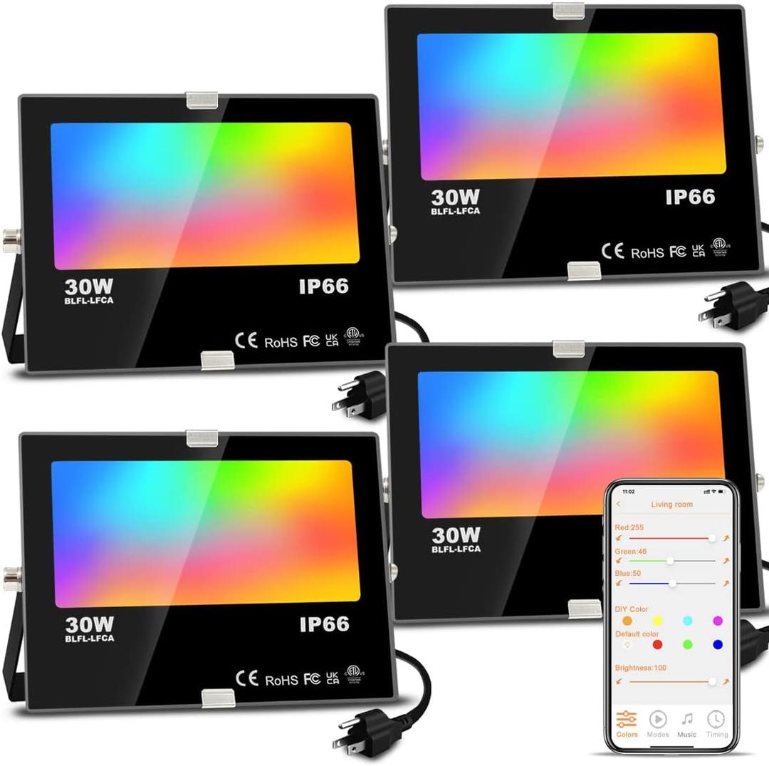 LED Flood Light Outdoor, 30W Equivalent 3000LM Smart RGB Landscape Lighting with APP Control, DIY Scenes - Timing - 5700K Daylight White -Color Changing Uplight, IP66 Waterproof US Plug MELPO(4 Pack)