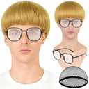 PLULON Blonde Mushroom Wig Bowl Cut Hair with Glasses for Men Women, Halloween Costume Cosplay Mushroom Wigs with Bangs 60s 70s Funny Hair for Fancy Dress Bachelor Christmas Party Supplies