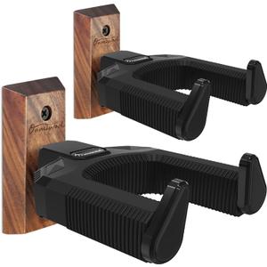 Guitar Wall Mount 2 Pack, Auto Lock Black Walnut Wood Guitar Hanger, Guitar Wall Hangers, Guitar Holder Hook Wall Stand for Classical, Acoustic, Electric Guitar, Banjo, Bass, Gift for Guitar Player