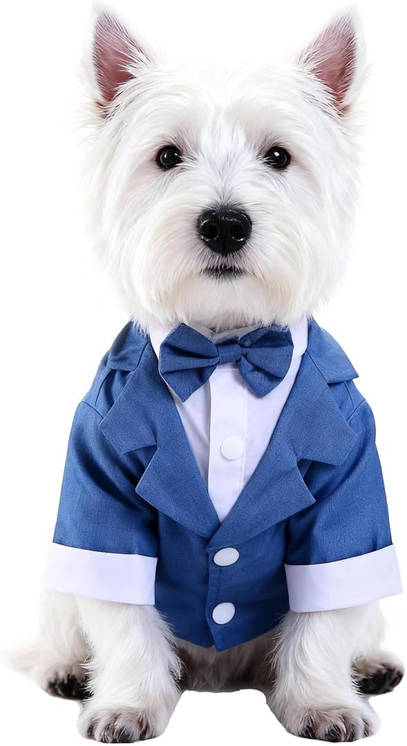 GabeFish Pets Wedding Jackets Suit for Dogs with Bow Tie Puppy Cat Formal Clothes Shirt Tuxedo (Blue, S (Chest 12.9in/33cm)