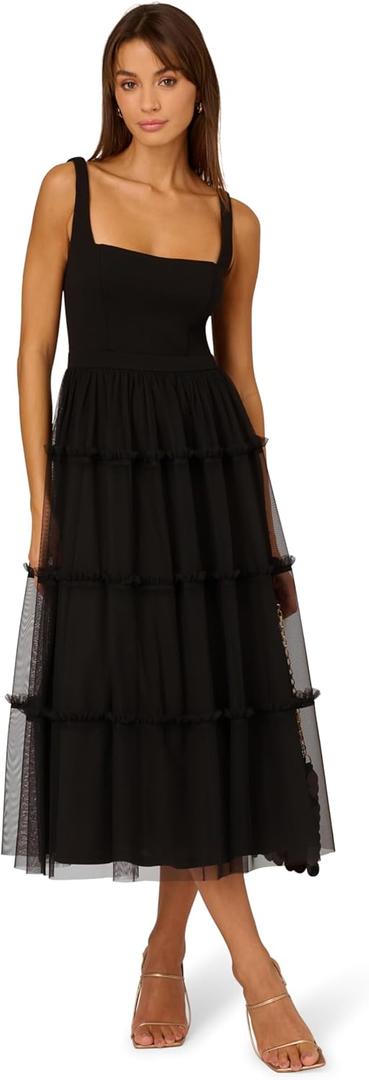 Adrianna Papell Women's Knit & Mesh Midi Dress | Tea Length Wedding Guest Dress with Knit Bodice & Mesh Tiered Skirt 6 Black