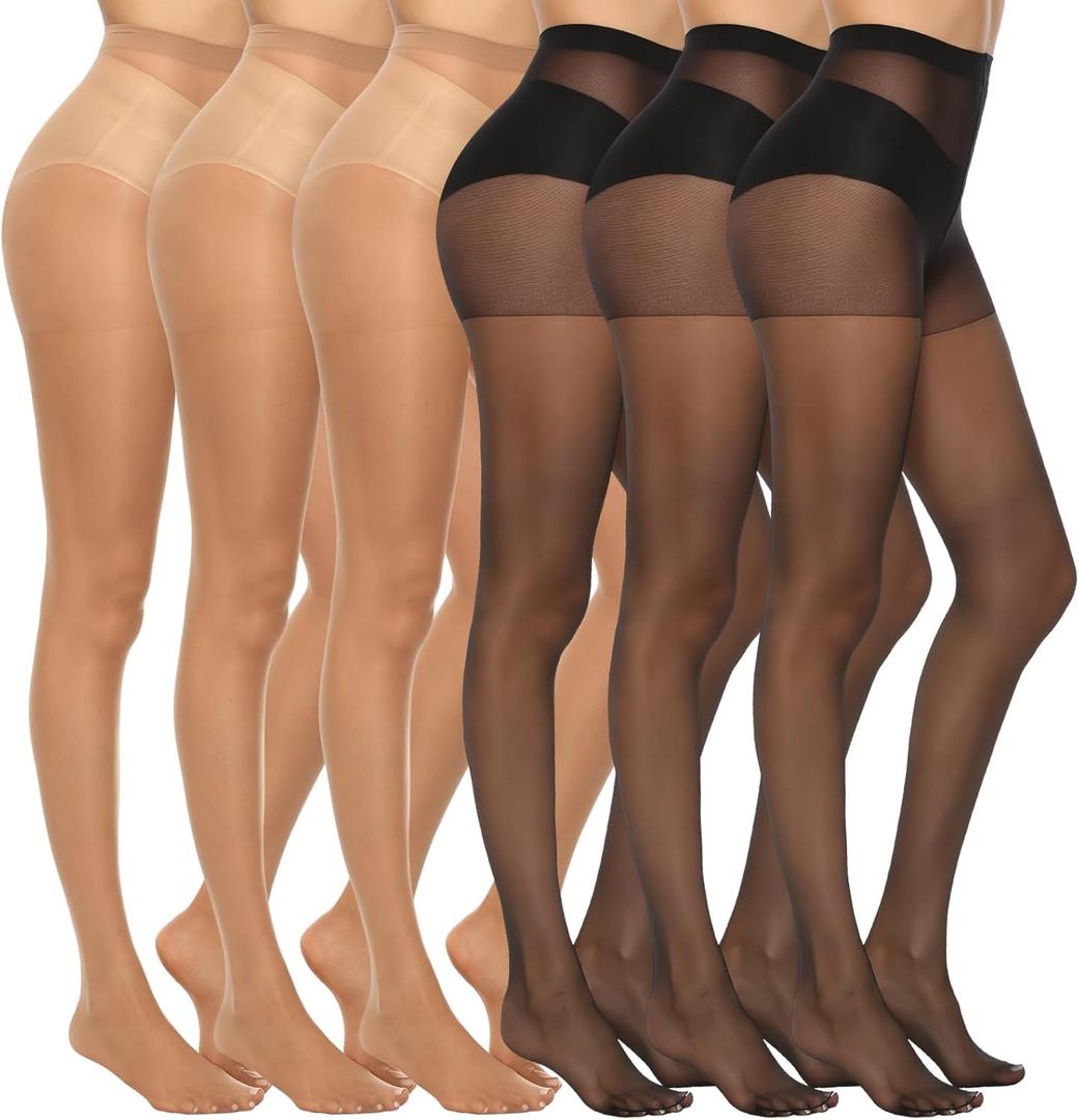 MANZI 6 Pairs Women's 20D Sheer Silky Pantyhose Run Resistant Nylon Tights High Waist Stockings with Control Top (Size X-Large, 3 Pairs Black + 3 Pairs Natural)