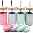 Elk and Friends 24oz Glass Mason Jar  Pack of 4 | Bamboo Straw Lids + Stainless Steel Straws | Smoothie + Iced Coffee + Bubble Tea Cups | Glass Cups with Lids and Straws | Dishwasher Safe (Blush/Lilac/Sage/Gray (Sleeves))