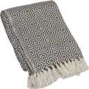 Creative Co-Op Hand-Woven Reclaimed Fabric Throw with Pattern and Fringe, Charcoal and Cream