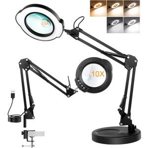 10X Magnifying Glass with Light and Stand, 2 in 1 Real Glass Lens Magnifying Desk Lamp, 5 Color Modes, Brightness Stepless Dimmable LED Lighted Magnifier Hands Free for Repair Craft Close Work