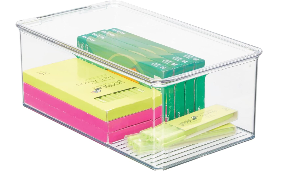 mDesign Plastic Stackable Box Home, Office Supplies Storage Organizer Box with Attached Lid - Holder Container for Note Pads, Gel Pens, Staples, Dry Erase Markers, Tape - 6.5 Inches High - Clear