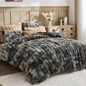 Lotus Karen Fluffy Comforter Cover Set - Rabbit Fluff Faux Fur Duvet Cover Queen Size Tie-Dye Dark Gray Plush Fuzzy Furry Bedding Sets 3Pieces(1 Duvet Cover & 2 Pillow Shams) Zipper