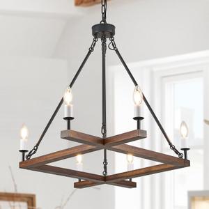 L45'' Rustic Farmhouse Square Wood Chandeliers 6-Light Unique Rectangular Candle Chandelier Long Ceiling Pendant Light for Living Dining Room Foyer Kitchen Bedroom High Ceiling,E12 (45 inches, Walnut)