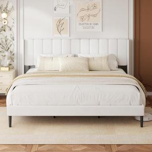 King Size Velvet Bed Frame and Vertical Chanel Tufted Headboard, Upholstered Platform Bed wtih Wingback, No Box Spring Needed, Strong Wooden Slats, White King Size Velvet Bed Frame and Vertical Chanel Tufted Headboard, Upholstered Platform Bed wtih Wingback, No Box Spring Needed, Strong Wooden Slats, White