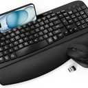 Wireless Keyboard and Mouse Combo, Wave Keys Full-Sized Ergonomic Keyboard with Cushioned Plam Rest, Phone Holder, Comfortable Natural Typing, 2.4G Cordless Set for Computer, Laptop, PC, Mac, Windows (Black)