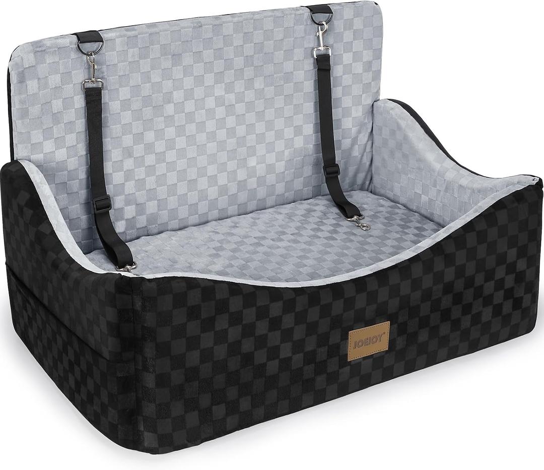 JOEJOY Dog Car Seat for Medium/Large Dogs - Reversible Dual-Sided Travel Dog Car Bed with Memory Foam, Washable Pet Booster Seat for Dogs up to 55 lbs or 2 Small Dogs, 2 Safety Leashes, Grey