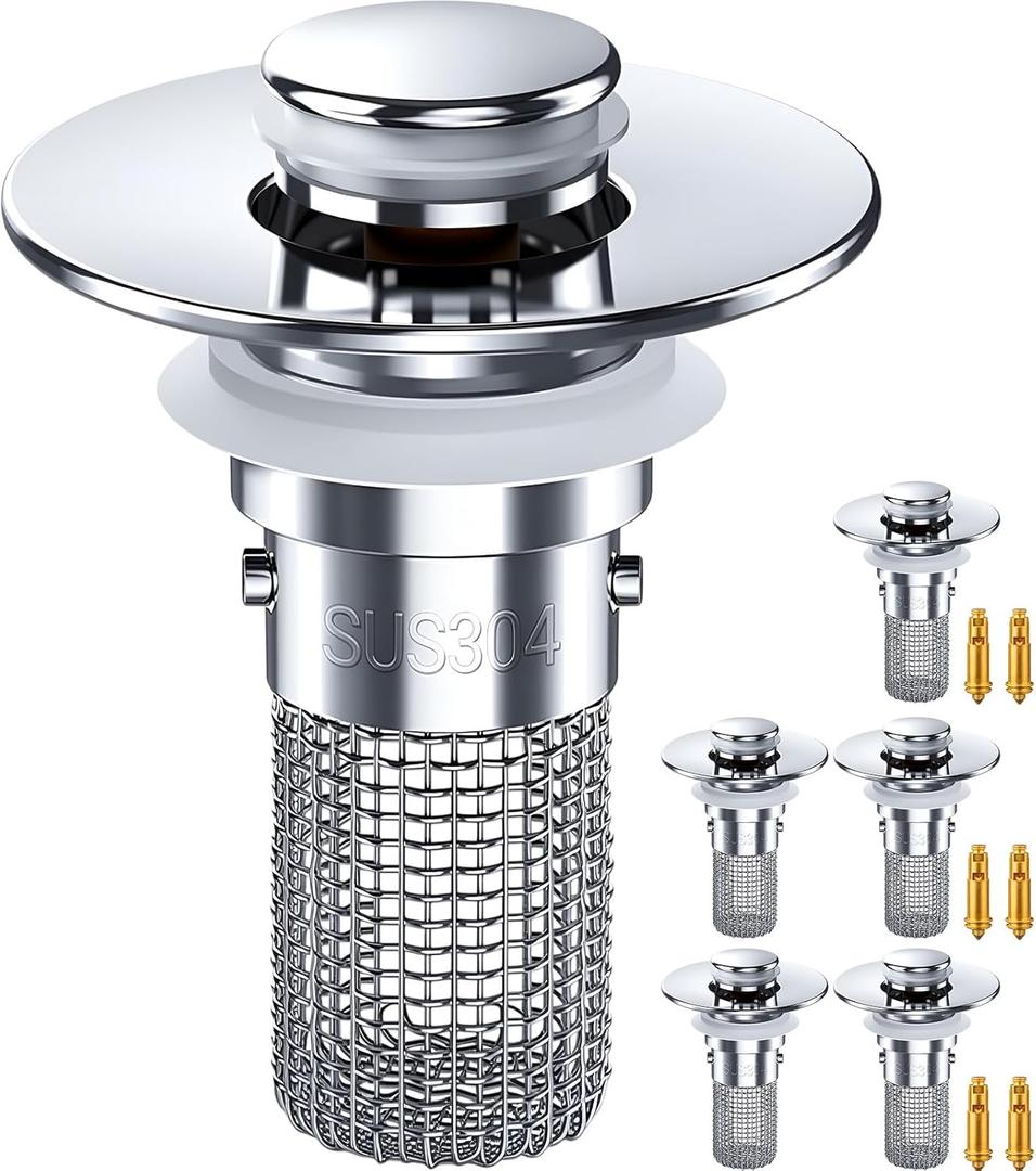 6 Pcs Bathroom Sink Drain Strainer Pop up Sink Drain Filter with Removable Stainless Steel Filter Basket Hair Catcher for Us Bathroom Bathtubs Showers Stopper Replacement