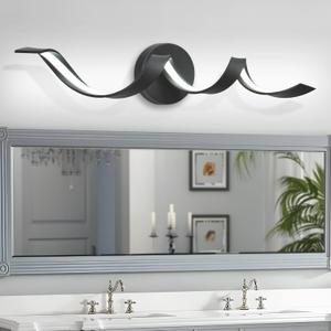 HUOKU Modern LED Bathroom Vanity Lights, 24inch Dimmable Black Bathroom Lighting Fixture Over Mirror 15W Spiral Design LED Wall Light Fixtures 6000K