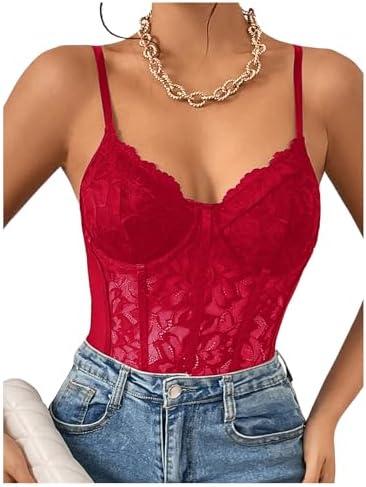 Milumia Women's Sexy Floral Lace Sheer Mesh Corset Bodysuit Spaghetti Strap Cami Tops Going Out XL