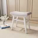 KASLANDI Solid Wood Vanity Bench, Saddle Cushion with High-Strength Rebound Sponge, Easily Assembly, Makeup Stool for Bedroom, Entryway (White)