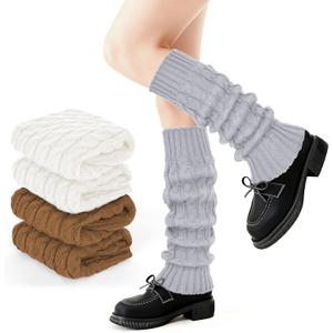 DODOKIE 3 Pairs Leg Warmers for Women Winter Thick Fleece Lined, Christmas Gifts for Her Wife Sister Stocking Stuffers 2025 (White, Brown, Grey)