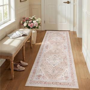 2x6 Runner Rugs for Hallways, Washable Vintage Area Rugs for Entryway Kitchen, Non Slip Retro Floral Carpet for Dining Living Bedroom Laundry, Long Soft Thin Rug, Pink