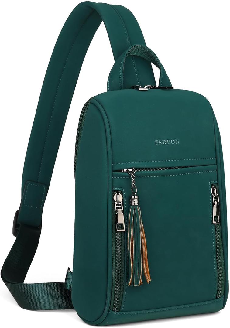 FADEON Sling Bag for Women, Crossbody Backpack with Tassels, Designer Leather Shoulder Chest Bags for Travel (A- Green Nubuck Style)