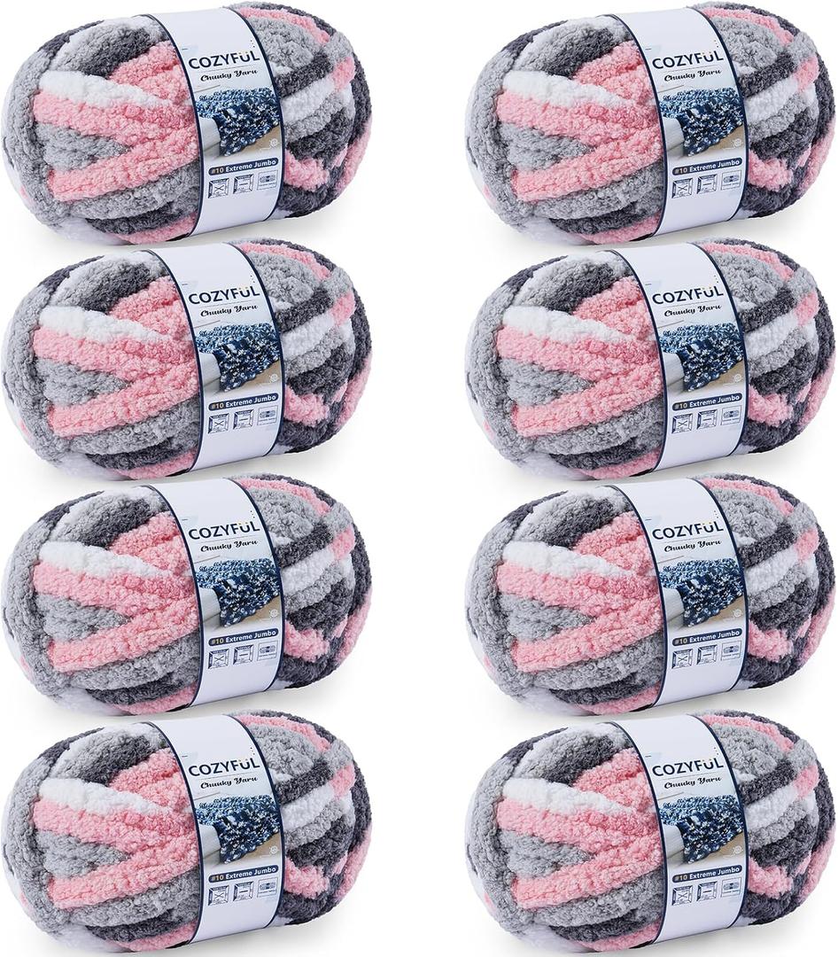 Cozyful Chunky Yarn for Hand Knitting - #10 Chunky Chenille Blanket Yarn, Jumbo Big Thick Chunky Yarns for Crocheting, Tie Dye Bulky Knit Yarns, 8 Skein (25 yds 8 oz Each Skein), Pink & Grey & White