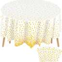 Newwiee 4 Pcs Round Dot Tablecloth 84 Inch Plastic Polka Dot Table Cover Disposable Confetti Tablecloths for Thanksgiving Christmas New Year Wedding Birthday Party Decor (White,Gold)